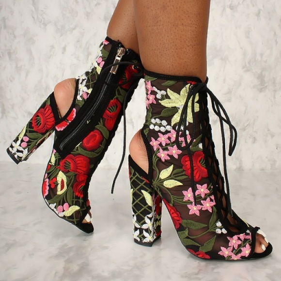 Lace Mesh Embroidery Floral Peep Toe Booties - Picture 3 of 6